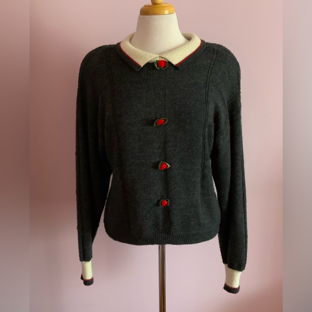 Vintage ALFRED SUNG Charcoal Knit Cardigan with Cream Collar and Red Trim